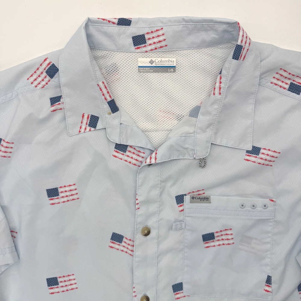 Columbia PFG Fishing Shirt Men L Blue Flag Fish XM0693 Short Sleeve Button Up